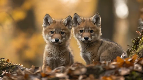 Two alert fox cubs in soft autumn forest light.