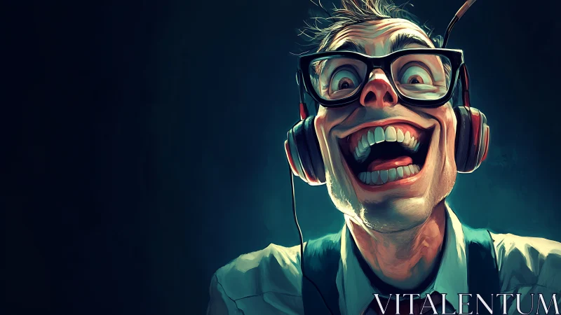 Exaggerated geeky man grinning in headphones portrait.