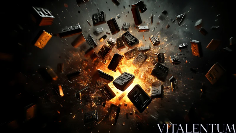 Metallic blocks blasted apart by intense fiery explosion.