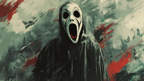 Hooded specter in scream mask dominates abstract horror scene