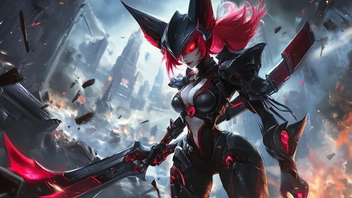 Cybernetic blade warrior dominates burning urban ruins.