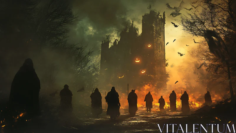Hooded figures advance toward burning jack o&rsquo;lantern citadel