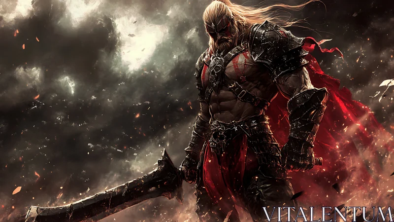 Armored warrior with massive sword in fiery battlefield