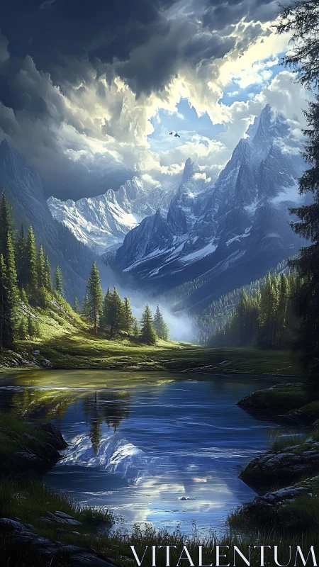 Glacial alpine lake beneath storm-lit jagged mountain range