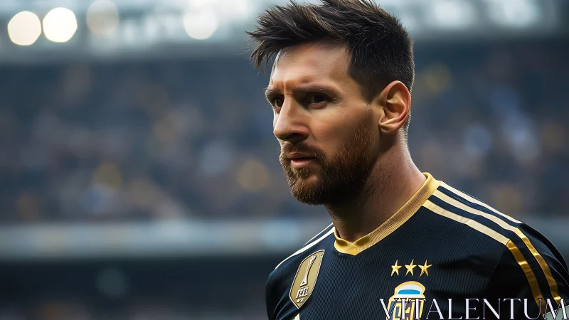 Focused footballer in black kit under stadium bokeh lights.
