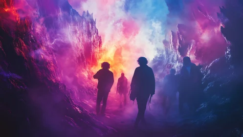 Explorers walk toward glowing neon mist in a dreamlike canyon