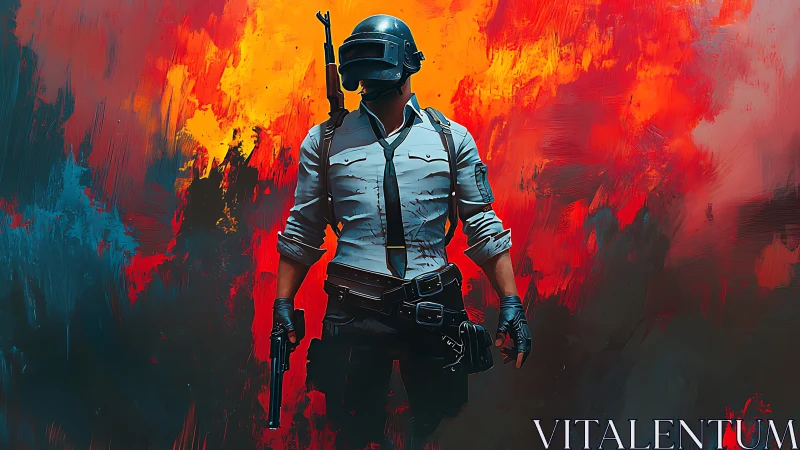 Helmeted shooter in tactical gear amid fiery backdrop.