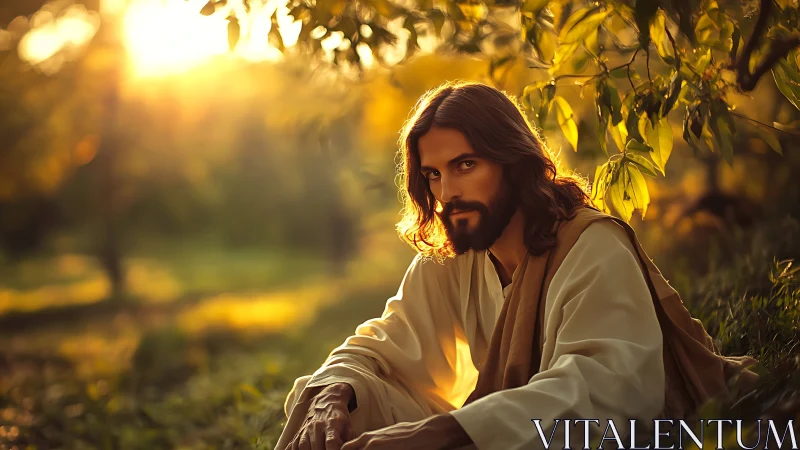 Serene robed figure rests in golden forest evening light