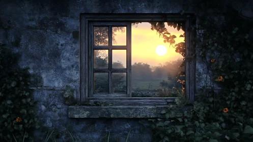 Weathered stone wall window frames distant sunrise landscape