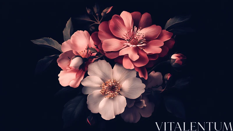 Layered peony cluster composition with dark background.