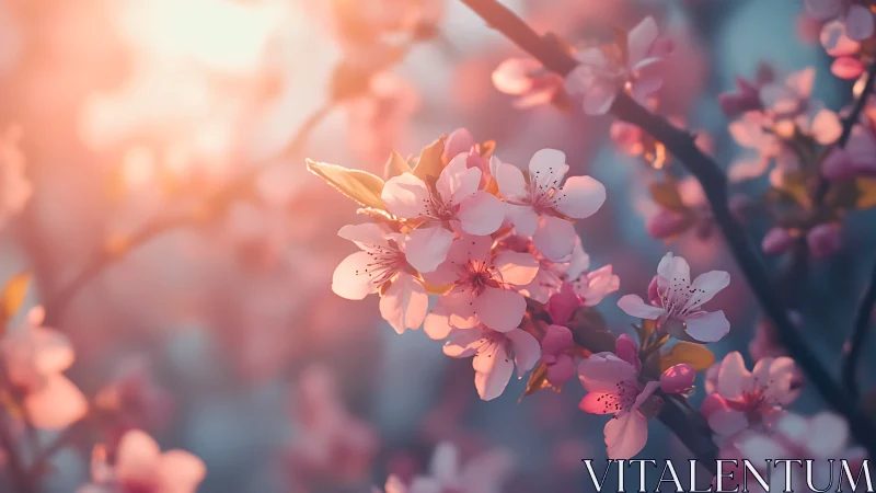 Spring Cherry Blossoms Illuminated Golden Sunrise Light.