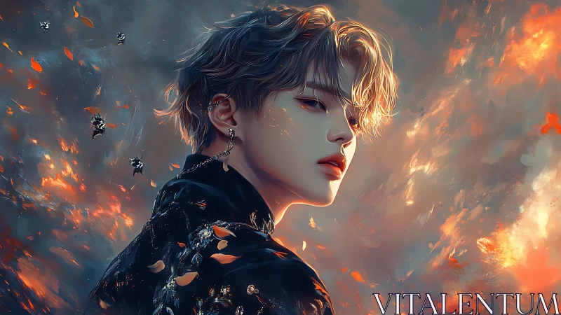 Side-profile portrait in fiery abstract digital setting.