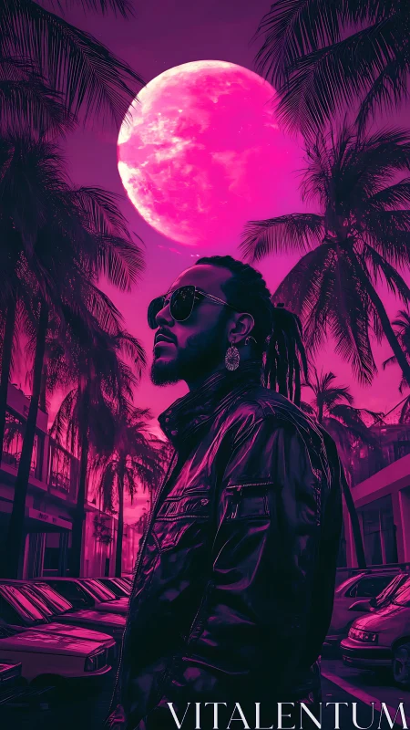 Neon-lit portrait under magenta moon in retro-futurist streetscape