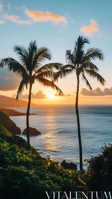 Tropical palm trees frame vivid ocean sunset horizon.