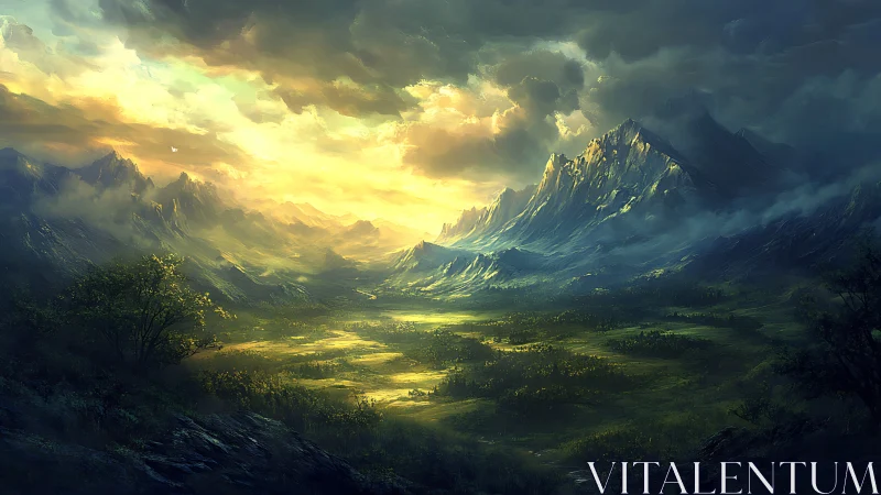 Radiant valley beneath stormlit mountains at golden dawn.