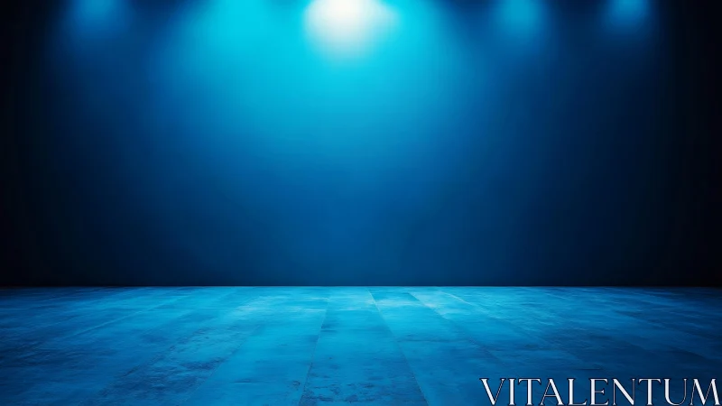 Empty blue stage with overhead spotlights and tiled floor.