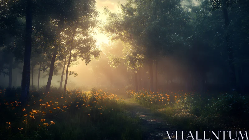 Forest path with morning light through tall trees and yellow wildflowers