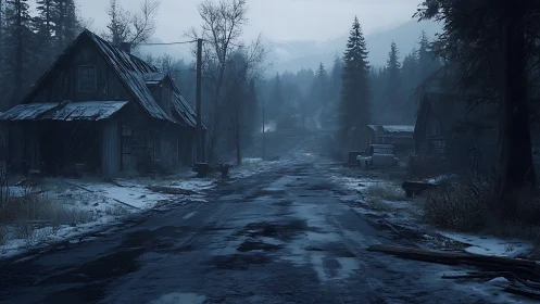 Deserted winter logging road with derelict cabins and trucks