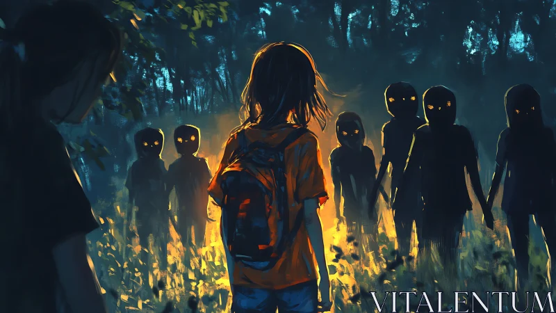 Child with backpack confronting eerie glowing-eyed figures.