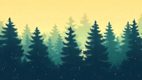 Pine forest silhouettes under diffuse golden dawn sky.