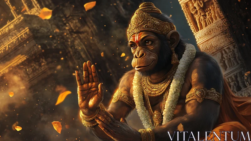 Anthropoid deity figure rendered with ornate temple backdrop