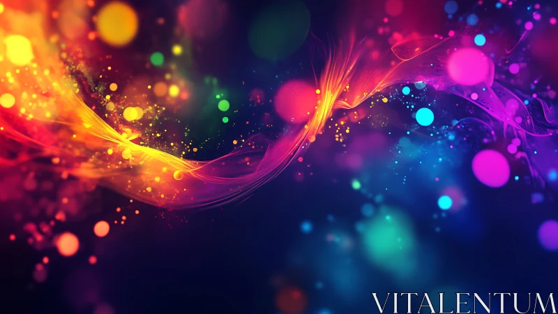 Multicolored light trails with floating circular bokeh forms.