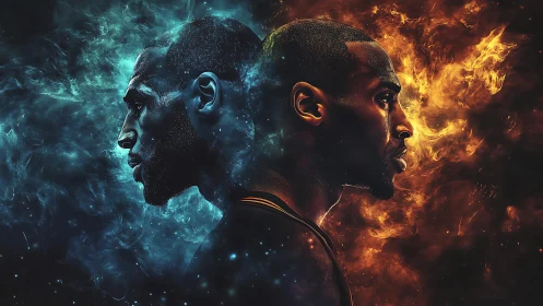 Dual flame athletes carved from cosmic ice and fire light.