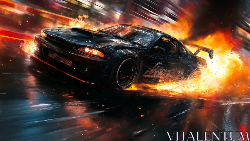 Street racer drifts through firestorm on wet neon asphalt.