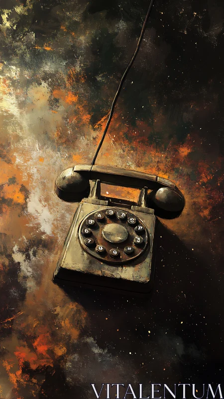 Rotary telephone suspended amid abstract dark backdrop.