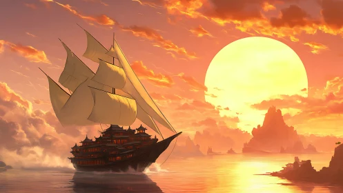 Golden sunset welcomes a majestic pagoda ship at sea