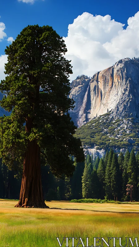 Sunlit giant sequoia standing proud before granite cliffs.