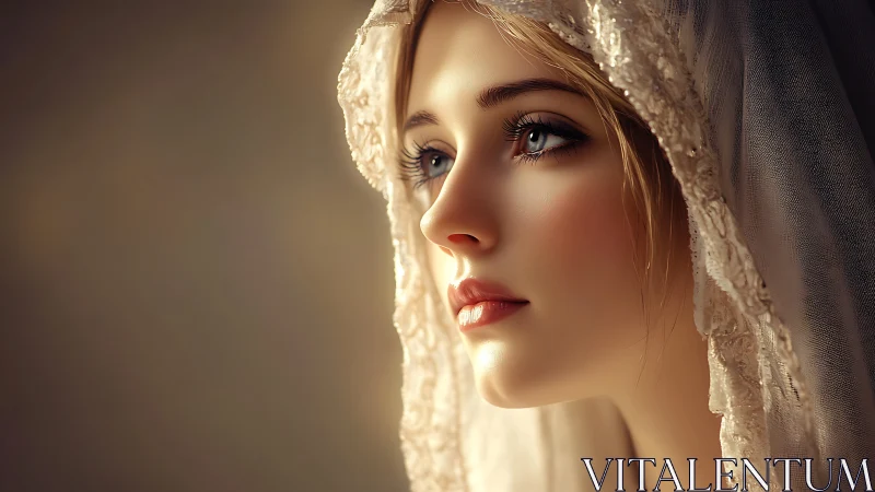 Luminous veiled maiden gazes toward unseen horizons.