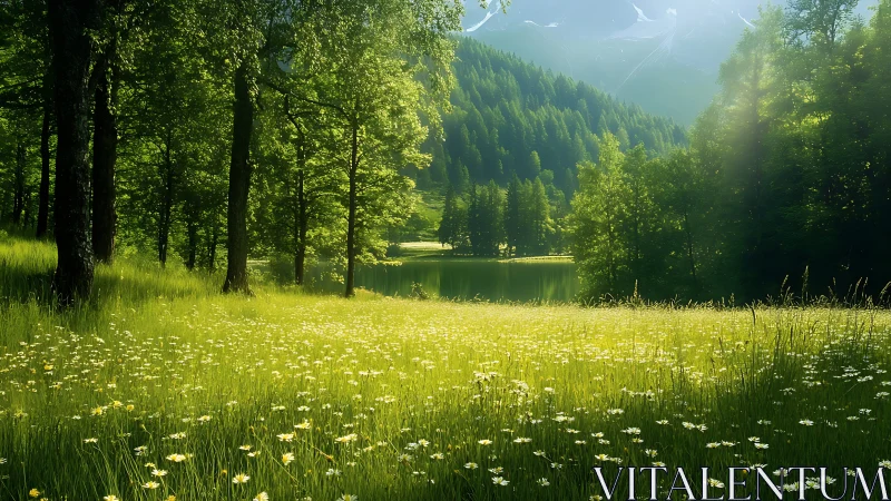 Sunlit alpine meadow with wildflowers beside forest lake.