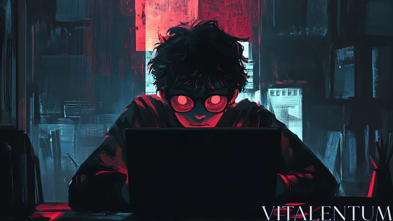 Nighttime coder immersed in a glowing digital world.