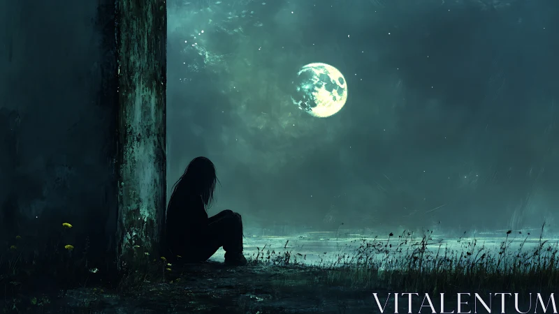 Quiet moonlit shoreline with a lone thoughtful dreamer.