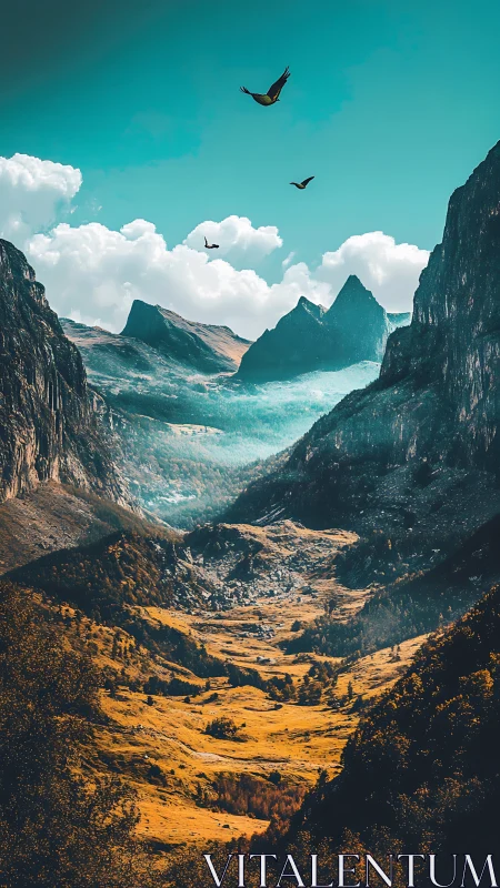 Cinematic mountain valley with soaring birds at sunrise.