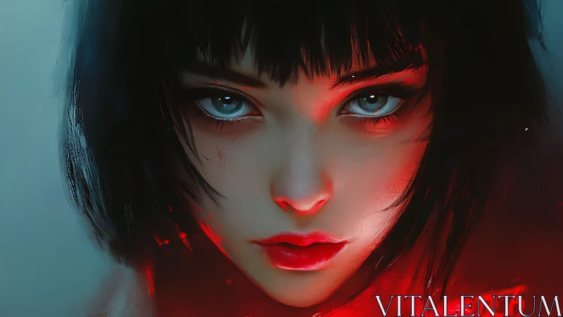 Neon‑lit stare of the midnight girl, painted in ember hush.