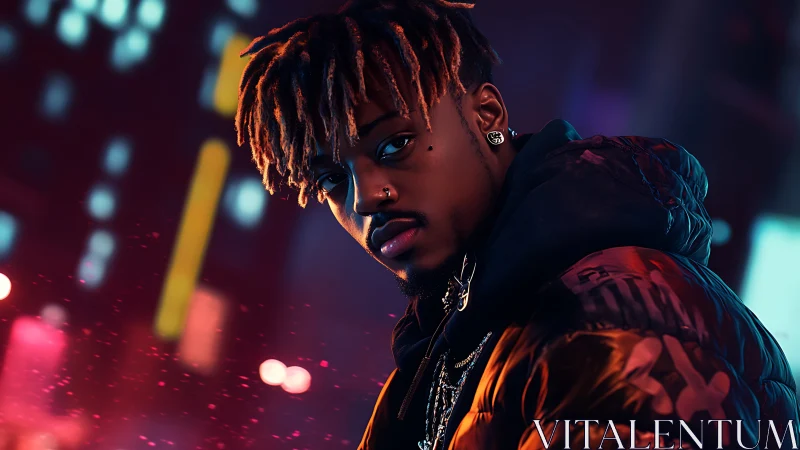 Moody portrait of stylish man in neon city at night.