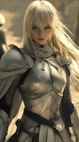 Blonde armored warrior stands in sunlight with focused gaze