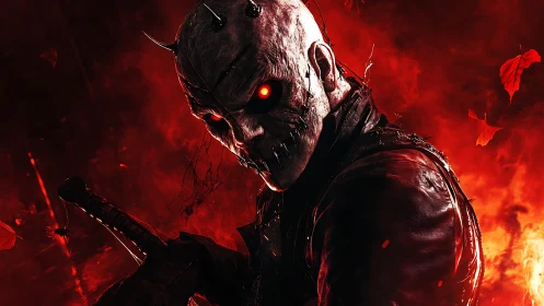 Demonic masked figure dominates infernal red backlit scene