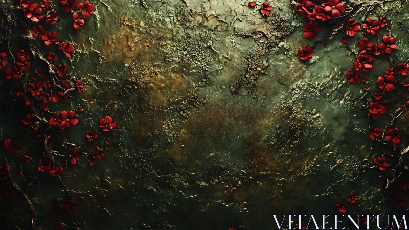 Textured green surface with red blossoms along rough edges.