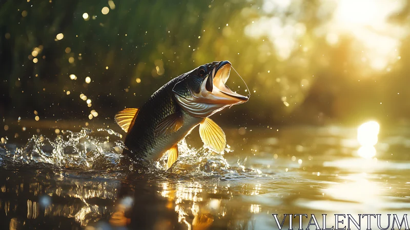 Golden light captures a leaping fish breaking the calm water