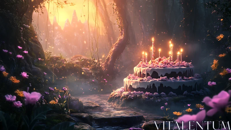 Enchanted Forest Cake Celebration in Glowing Mystical Cavern