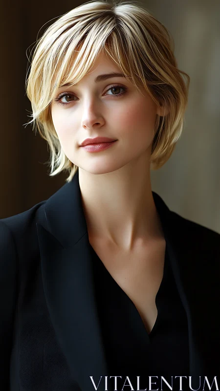 Portrait of blonde woman in black blazer, neutral backdrop.