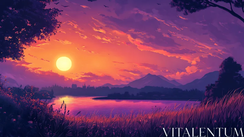 Radiant sunset illuminates tranquil lake and distant mountains.
