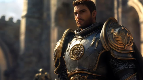 Armored knight with ornate gold plate in stone courtyard.