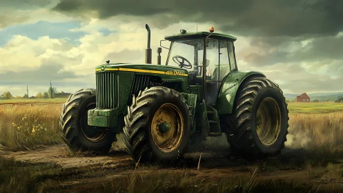 Heavy-duty green farm tractor on muddy rural field at dusk
