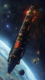 Colossal starship glides above Earth in neon-lit deep space