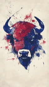 Bison head rendered in dual-tone red and blue splatter illustration