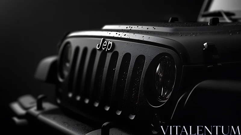 Low key close-up of wet Jeep front grille under directional light